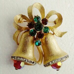 Vintage Weiss Christmas Bells Brooch Pin Gold Tone Red Green White Rhinestones